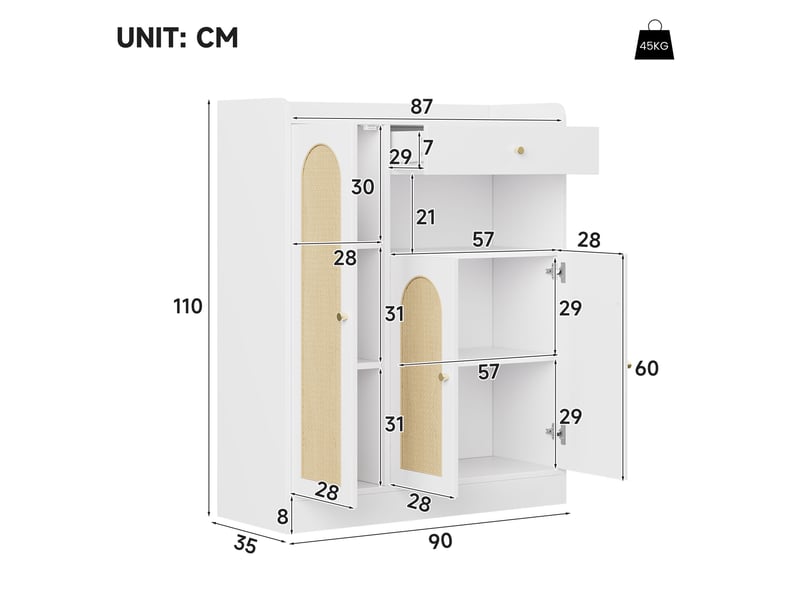  Meuble à chaussures - 90x35x110cm - buffet d'entrée 3 portes et 1 tiroir, cannage rotin - blanc  - Conforama E