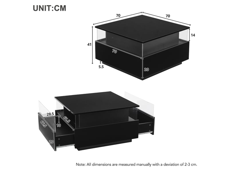  Table basse brillant carrée en panneaux de particules avec lumière led,2 tiroirs et espace de présentation transparent,noir table basse noir - Conforama C