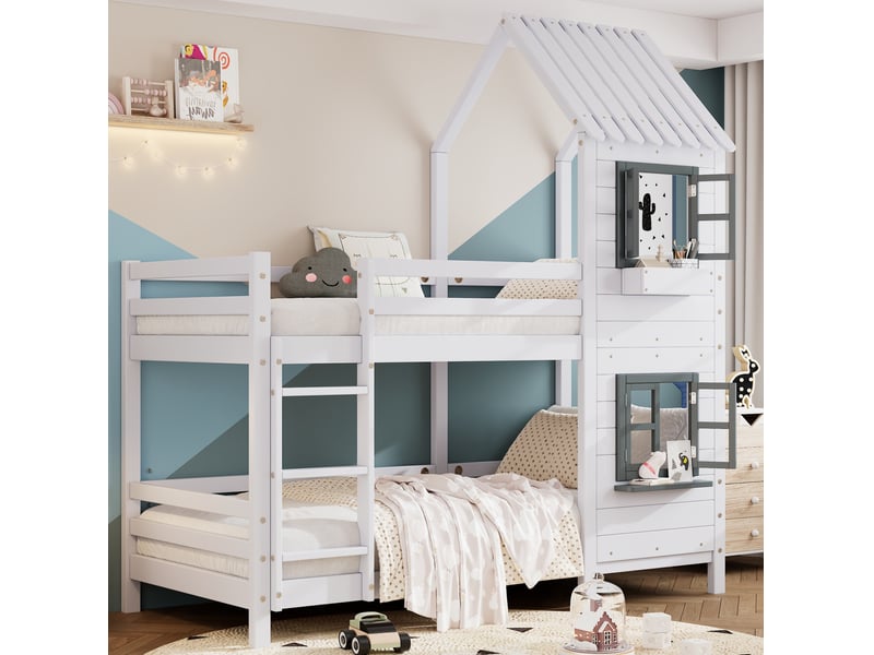 Lit superposé enfant 90x200 cm, barrières de sécurité, fenêtres, design cabane, bois et mdf, blanc - Conforama B