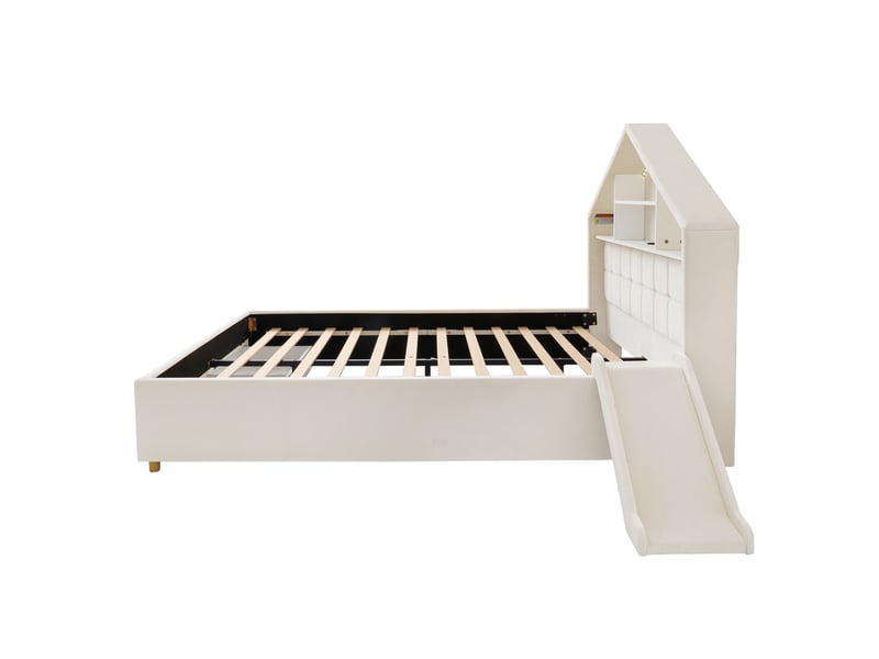  Lit cabane enfant rembourré beige 140 x 200 cm, toboggan réversible, led, coffre  - Conforama E