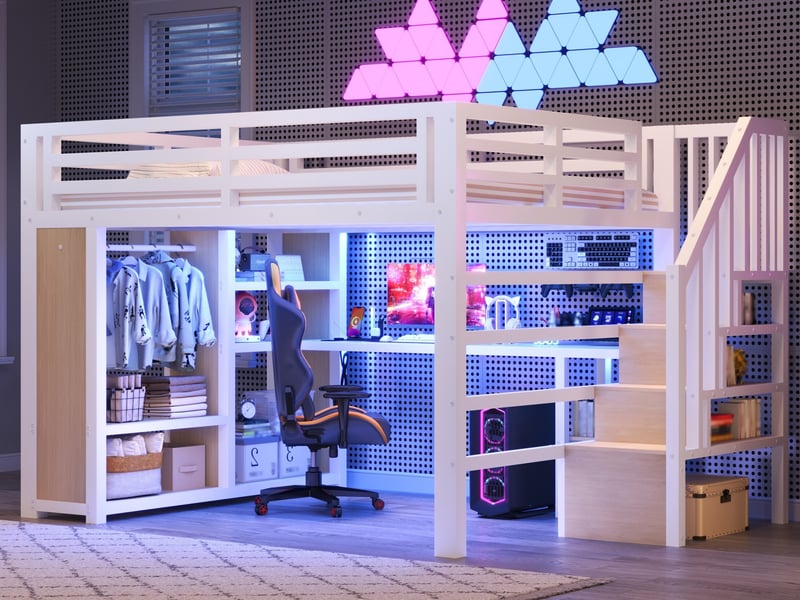  Lit mezzanine gaming 140x200cm avec éclairage led, port usb, bureau, penderie, escalier rangement, blanc  - Conforama B