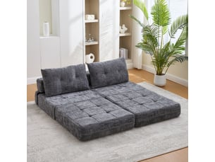 Fauteuil convertible avec matelas pliable et coussin - 1 place - structure métal et mdf - revêtement chenille - gris