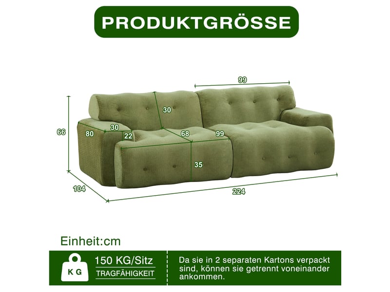  Canapé 3 places en chenille vert, design nuage moderne 224 cm  - Conforama E