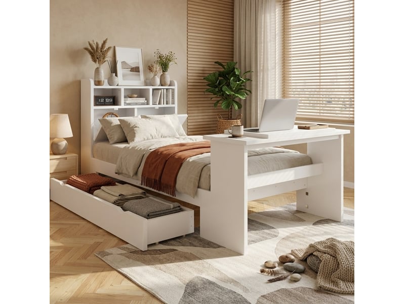  Lit enfant 90 x 200 cm blanc avec rangement, tiroir et table pliante réglable  - Conforama C