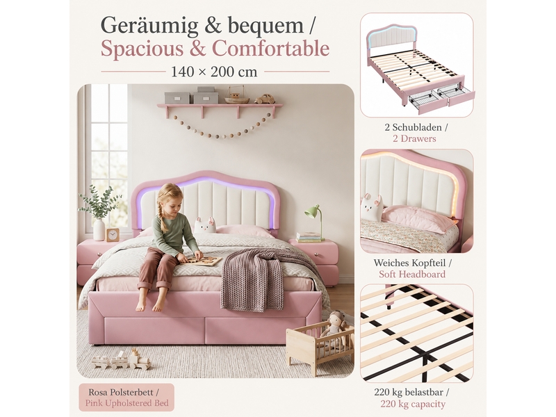 Lit enfant,140x200 cm,2 tiroirs et led contrôlée par application,velours,rose - Conforama D