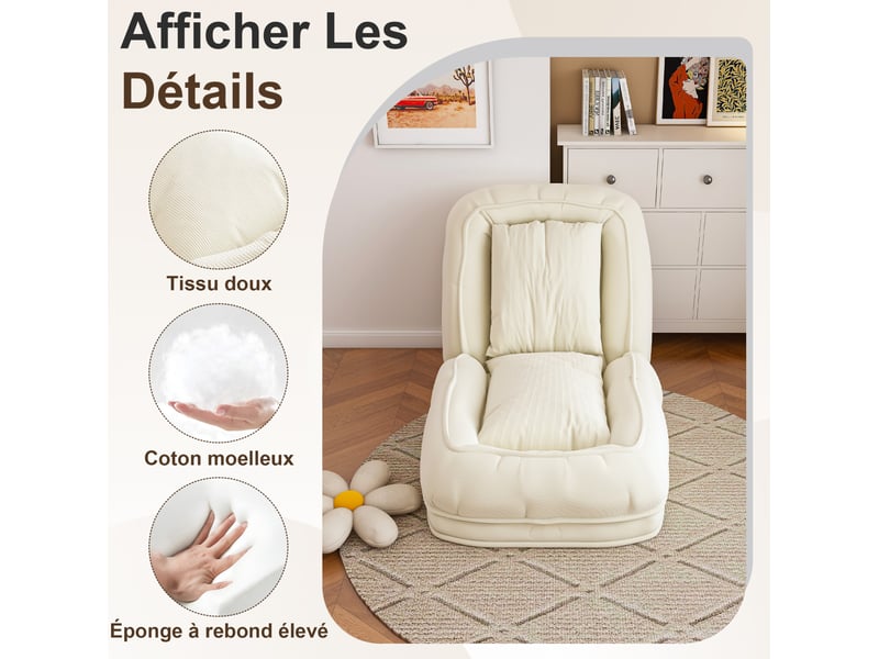  Canapé pliable 80x22x87 cm, avec 5 positions réglables, à usage multifonction, structure en métal, couleur blanc cassé  - Conforama D