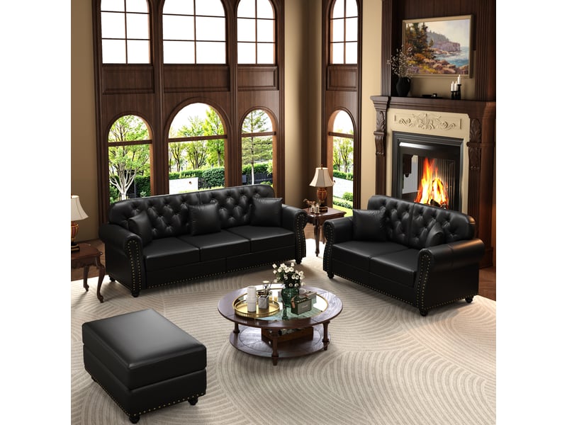  Salon chesterfield 5 places avec pouf en simili cuir noir, 210 cm Fay Lum - Conforama B