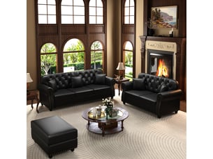 Salon chesterfield 5 places avec pouf en simili cuir noir, 210 cm