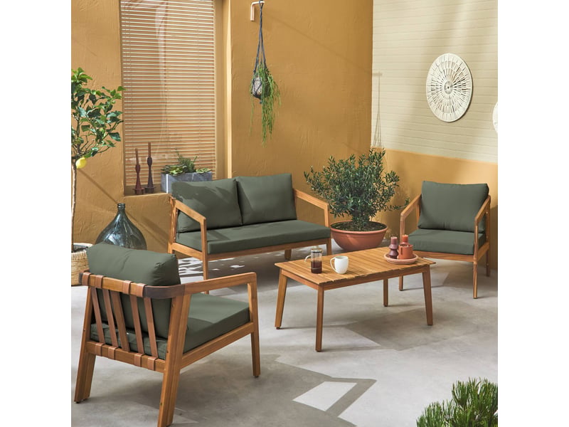 Salon de jardin kaki foncé 4 places loberia. Bois d'acacia dossier avec lanières effet cuir  - Conforama C