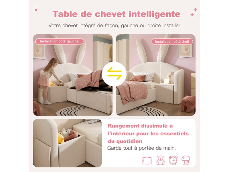  Lit coffre enfant 90x190cm, tête de lit oreilles de lapin, chevet, velours beige, sans matelas C-DEGAYUN - Conforama E