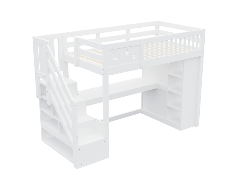  Lit mezzanine 90 x 200 cm blanc en bois, bureau avec led et prises, rangements et penderie ouverte intégrée  - Conforama D