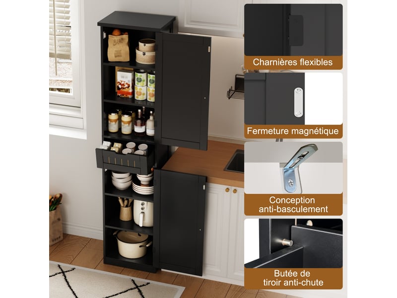  Colonne de cuisine avec 2 portes, 1 tiroir et 4 étagères réglables pour cuisine, salle à manger, noir, 40 × 30 × 170 cm  - Conforama E