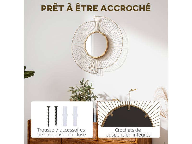  Miroir décoratif rond 60 cm avec fixation à 360°, doré, décoration murale en métal moderne avec détails plissés  - Conforama E
