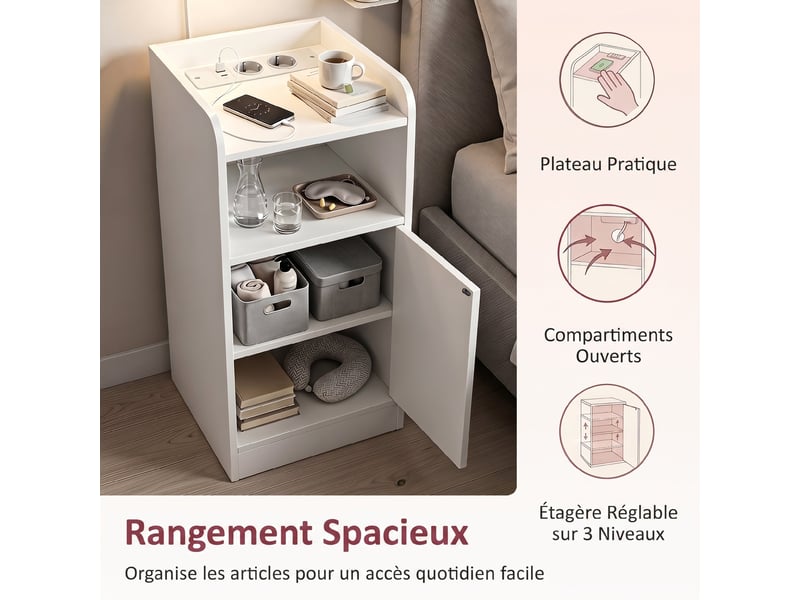  Lot de 2 tables de chevet avec station de charge, tables de nuit avec compartiment ouvert, étagère réglable, blanc  - Conforama R