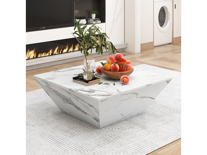  Table basse effet marbre blanc table de salon trapézoïdale 70x70x37cm avec 2 tiroirs design moderne  - Conforama B