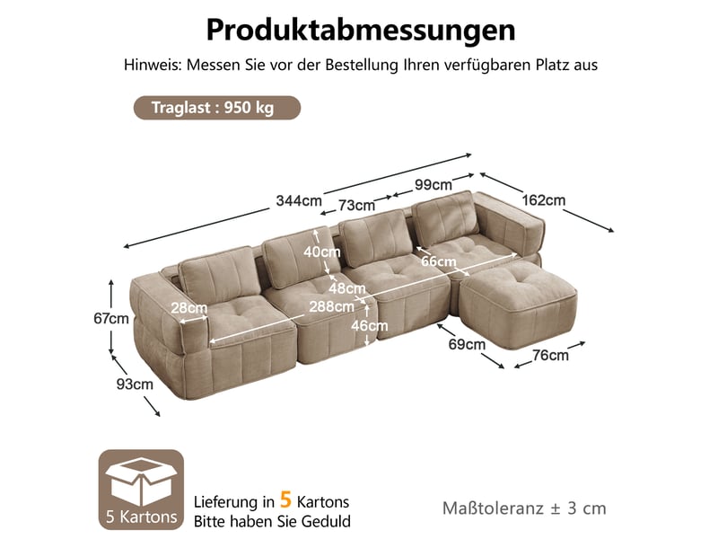  Canapé d'angle modulaire 4 places sans cadre avec pouf, assise profonde et mousse 32d, en polyester beige  - Conforama C