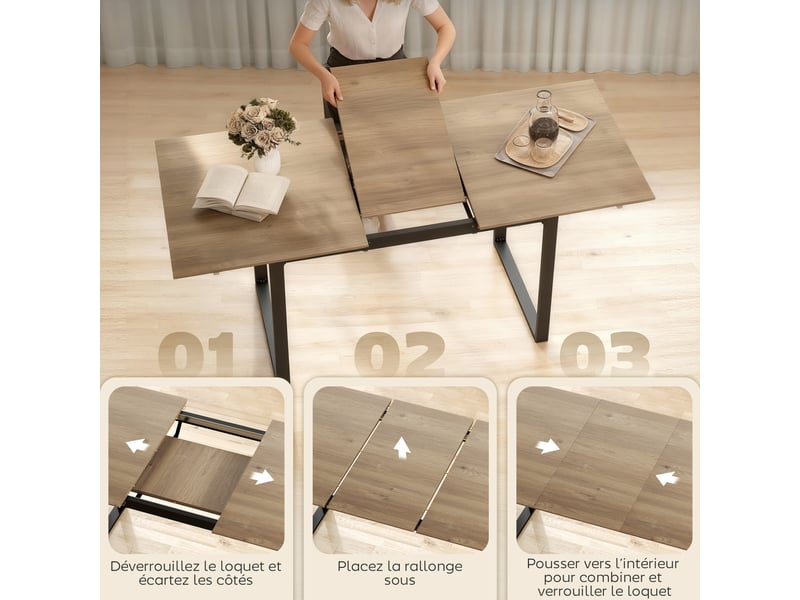 Table à manger extensible rectangle pour 6 à 8 personnes, table de cuisine avec rallonge 140-180 cm, effet bois naturel - Conforama E