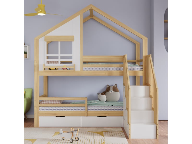 Lit superposé enfant 90x200 cm, rangement, tiroirs à roulettes, escalier, fenêtres, mdf, naturel et blanc, sans matelas  - Conforama B