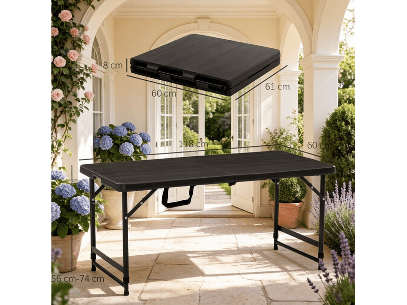 Table de jardin pliable 118x60 cm noire hdpe et acier, hauteur réglable 56 ou 74 cm pour 4 personnes - Conforama C