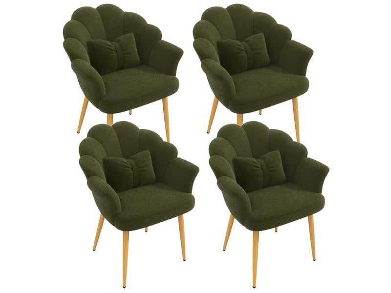  Fauteuil lot de 4 avec accoudoirs, dossier intégré, coussin fleur et assise rembourrée en tissu teddy vert  - Conforama A