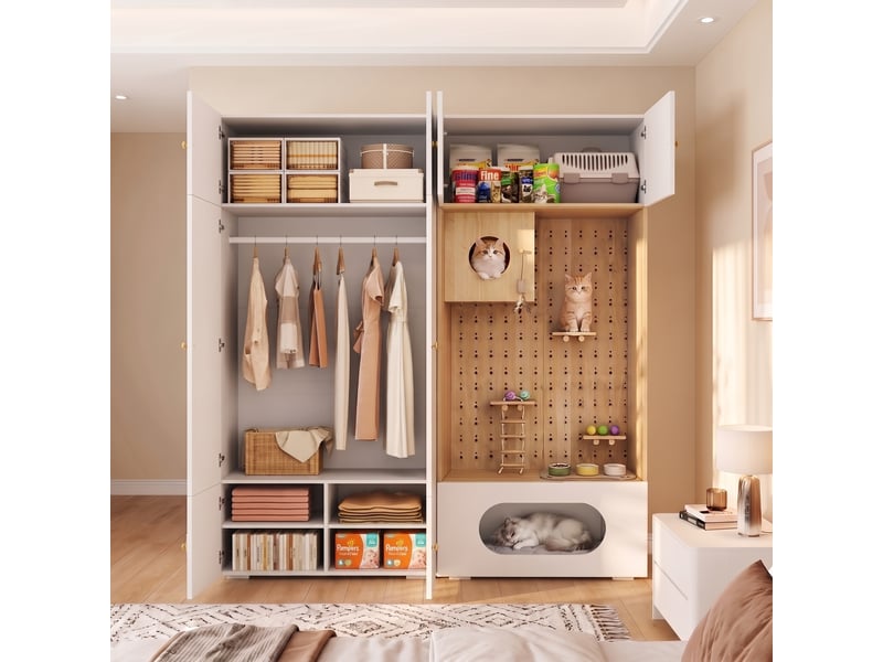  Armoire penderie 180 x 50 x 200 cm blanc et aspect bois, panneau de particules, espace pour félins intégré  - Conforama B