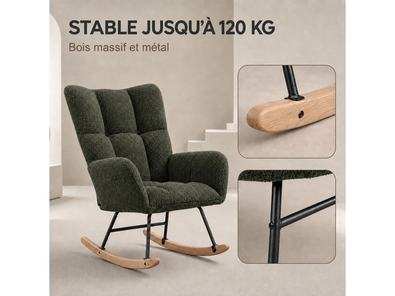  Fauteuil à bascule teddy vert, fauteuil rocking-chair ergonomique avec dossier haut et accoudoirs rembourrés, base en bois massif, chaise de relaxation pour salon, chambre et chambre bébé  - Conforama C