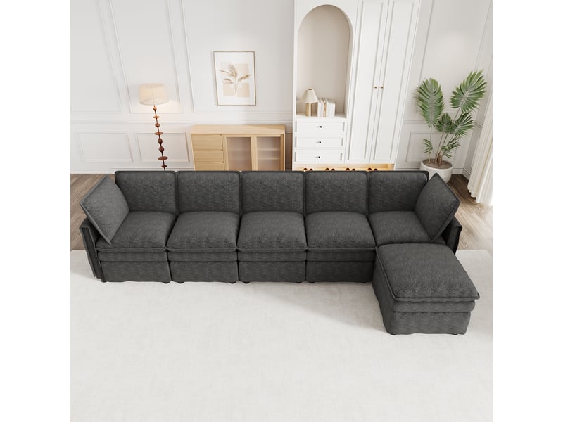  Canapé modulable xxl 6 places 344 cm, configurations ul, pouf mobile, assise profonde 67 cm, coussins 21 cm mousse + ressorts, chenille gris Morn Vibe - Conforama D