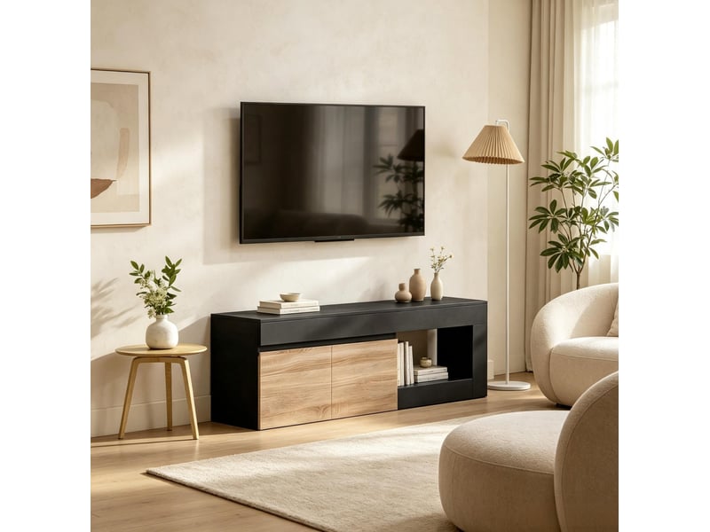  Meuble tv tcqpz 140 x 40 x 48 cm 2 portes rangement et niche ouverte noir et bois naturel  - Conforama B