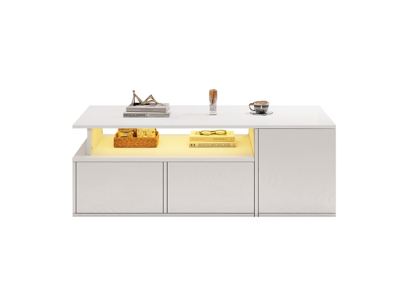  Table basse blanche brillante 100x50x35 cm, table de salon avec led contrôlable par application, 2 tiroirs et 3 étagères  - Conforama D