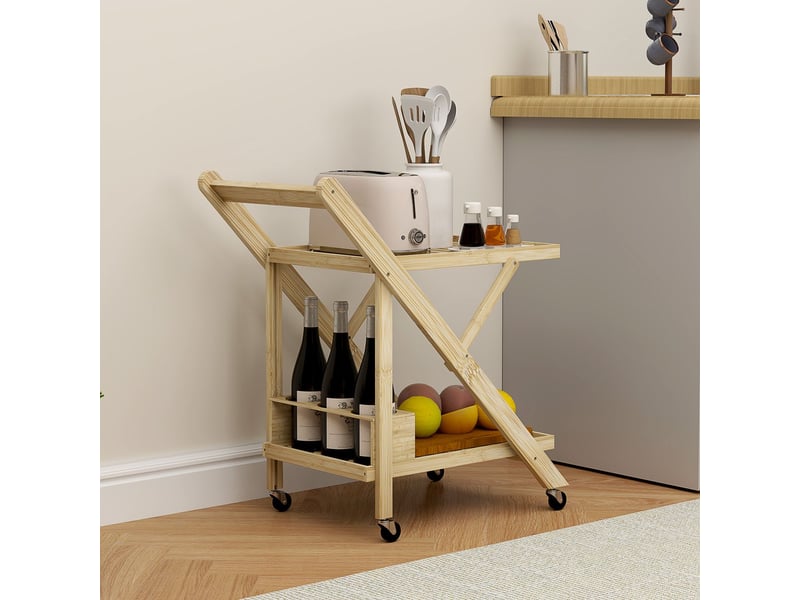  Desserte de cuisine 66 x 40 x 70 cm range-bouteilles plan de travail 2 niveaux structure roulante bambou aspect naturel  - Conforama B