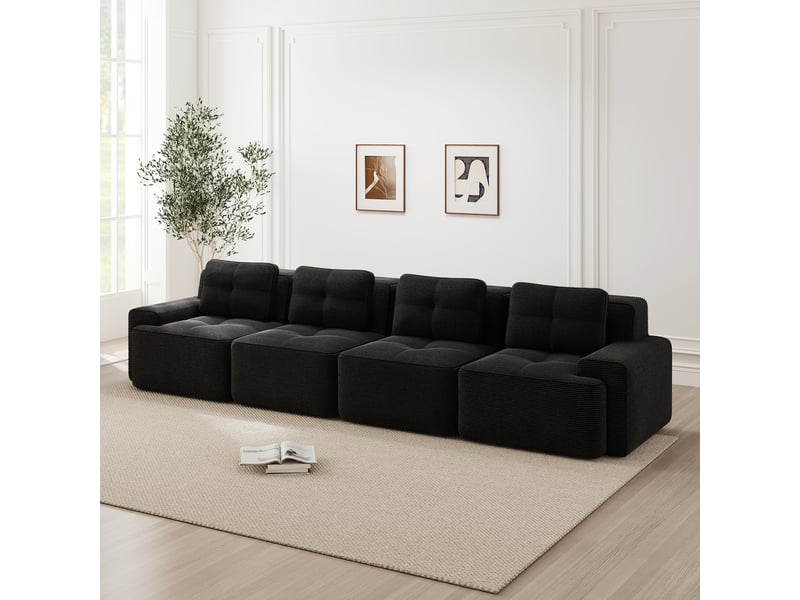  Canapé modulable 4 places en velours côtelé noir, 382 x 104 x 69 cm, sans armature, sans montage, livré compressé, assise profonde, base antidérapante CARDUME ESTIVAL - Conforama B