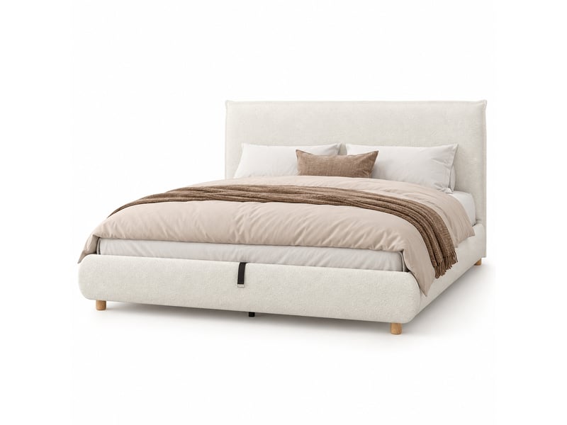 Lit double rembourré 180x200 cm avec rangement hydraulique, sommier à lattes, tête de lit capitonnée, pieds en bois massif, bouclé blanc IKSETERA TRADING LTD - Conforama A