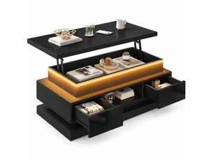 Table basse relevable 100x50x40 cm avec led via appli, 2 tiroirs, rangement caché, niche semi-ouverte, finition noir brillant, usb, pour salon