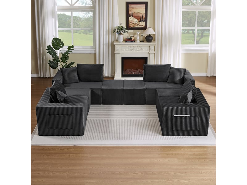 Canapé modulable 8 places en velours côtelé gris foncé, assise souple et modules repositionnables IKSETERA TRADING LTD - Conforama B