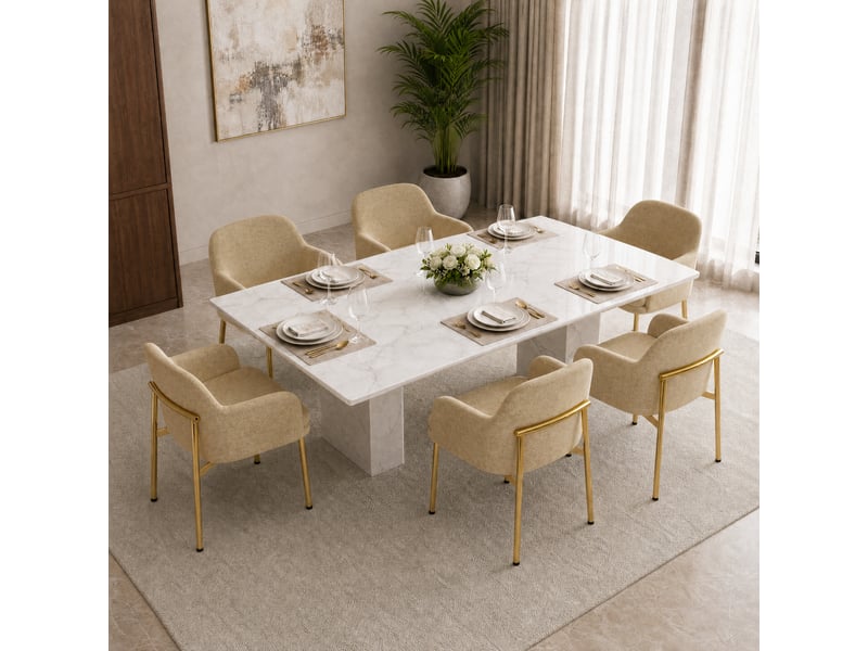  Lot de 6 chaises de salle à manger marron avec accoudoirs, dossier ergonomique, pieds métal doré, patins réglables, charge 125 kg, modernes  - Conforama B