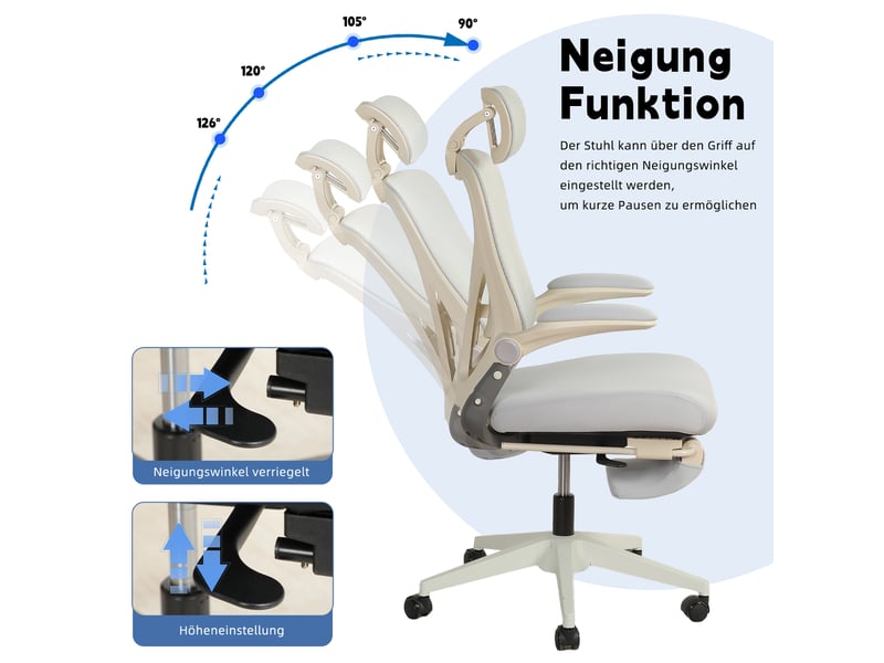  Chaise de bureau ergonomique inclinable avec appui-tête 3d - lpospi - accoudoirs rabattables, maille - gris  - Conforama C