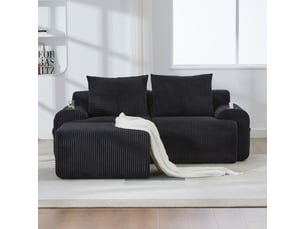 Canapé modulable en velours côtelé noir pour 2 personnes, avec poufs combinables, porte-boissons et poche de rangement, pour salon ou salle familiale