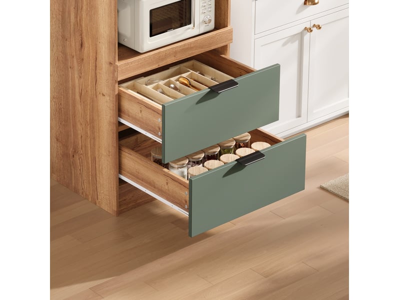  Buffet haut de cuisine vert en mdf, 2 portes, 2 tiroirs et 2 étagères ouvertes, rangement multifonction  - Conforama B