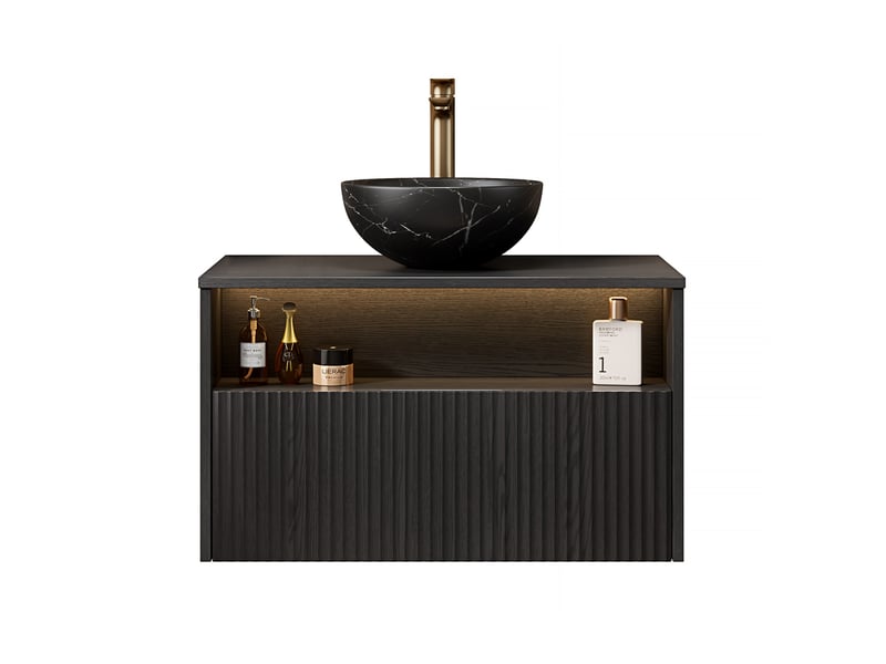 Meuble sous vasque suspendu avec tiroir, niche ouverte et led à détection pour salle de bain, 80×46×60,8 cm, noir - Conforama A