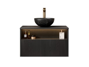 Meuble sous vasque suspendu avec tiroir, niche ouverte et led à détection pour salle de bain, 80×46×60,8 cm, noir