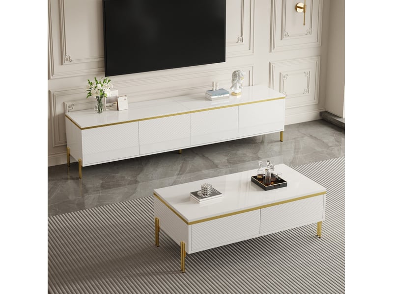  Ensemble meuble tv et table basse blanc brillant avec finitions dorées – 170 cm  - Conforama B