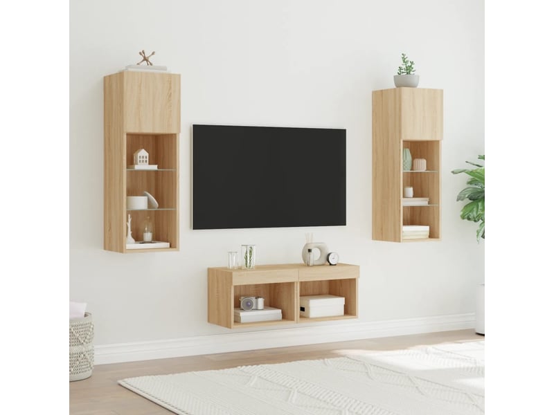  Meuble tv - banc tv - meuble de rangement muraux 4 pcs avec lumières led chêne sonoma  - Conforama D