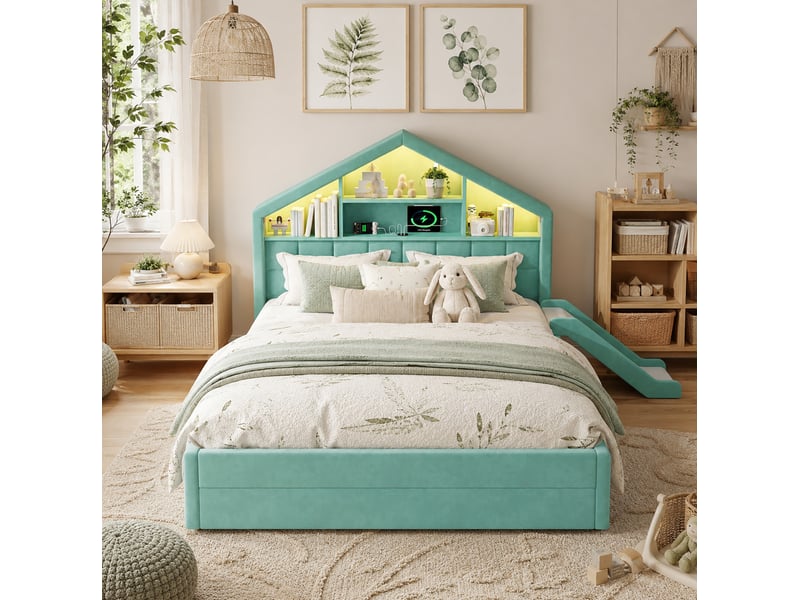 Lit cabane enfant 140x200 cm avec toboggan, led et rangement bleu-vert, sans matelas - Conforama B