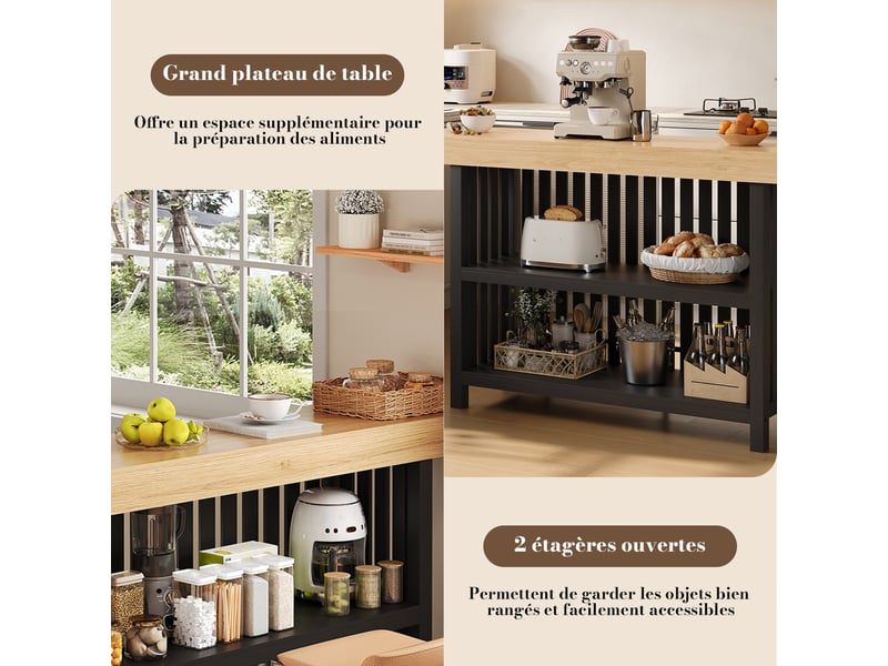 Table haute de bar mange-debout comptoir avec 2 étagères, bois naturel plateau mdf noir - Conforama B