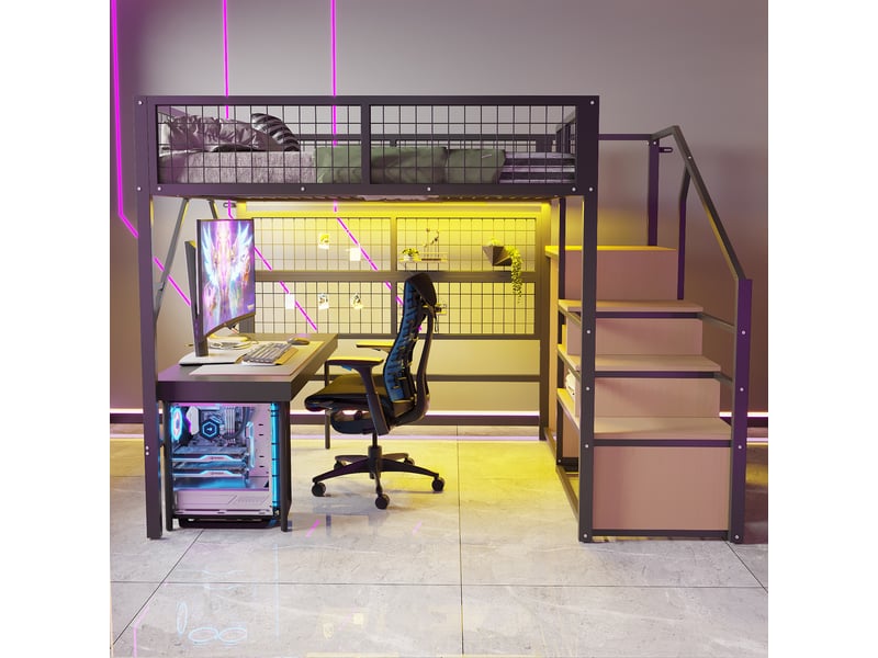  Lit mezzanine 140x200cm coloris noir led métal lit enfant noir - Conforama D