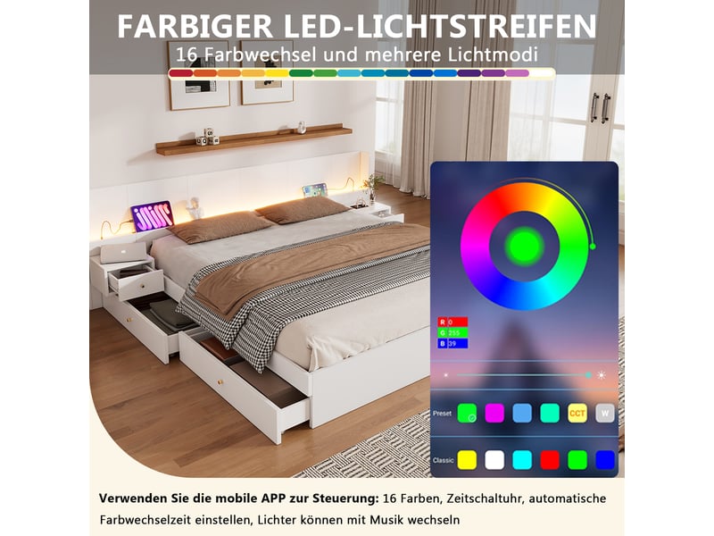  Lit double 180x200 avec led et port usb - blanc avec tiroirs de rangement et 2 chevets  - Conforama W
