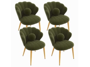 Chaise de salle à manger lot de 4, dossier coquille enveloppant, coussin rond et pieds en métal doré, tissu bouclette vert