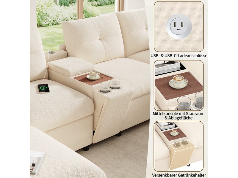  Canapé d'angle, canapé modulable, 6 places, en chenille, beige, porte-gobelets, pour salon et séjour, usb  - Conforama W