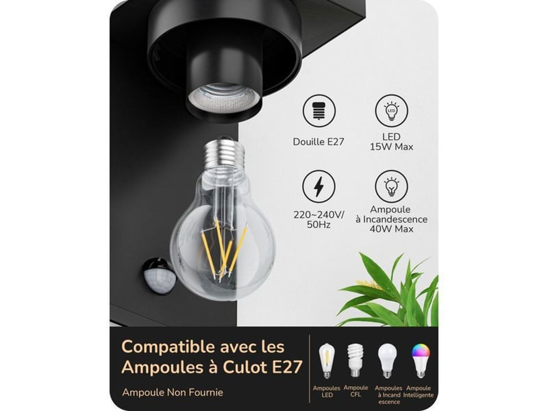Sonnette murale exterieur detecteur de mouvement pir ip44 aluminium noir e27 110° 370618_AACLB04029_6_DROPFR - Conforama E