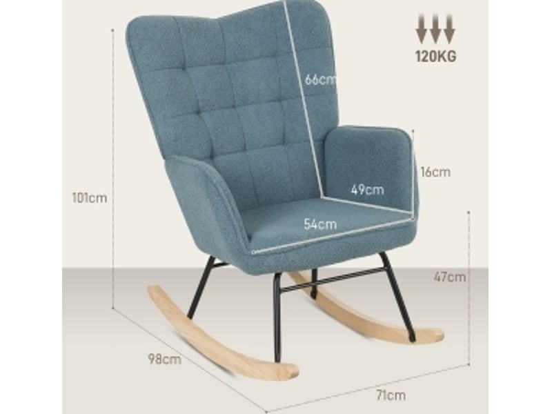  Fauteuil à bascule ulevr rembourré à dossier haut, revêtement bouclette polyester, accoudoirs, base en bois de hêtre, bleu clair, 71 x 98 x 101 cm  - Conforama C